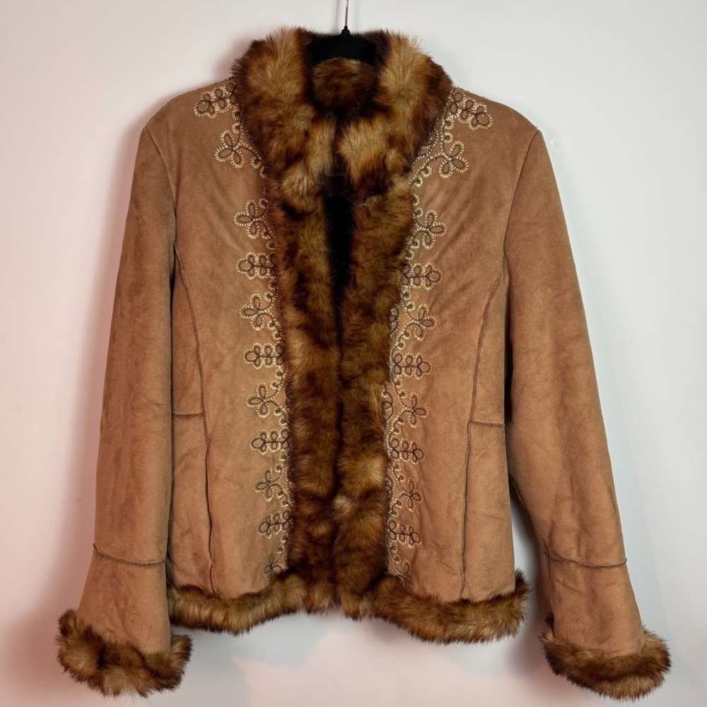 Vintage Nine West Y2K Womens Brown Fur Lined Embroidered Penny Lane Coat sz MED
